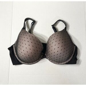 Cacique Boost Plunge Bra 42DD Black Polka Dot Mesh Overlay Underwire molded Cups